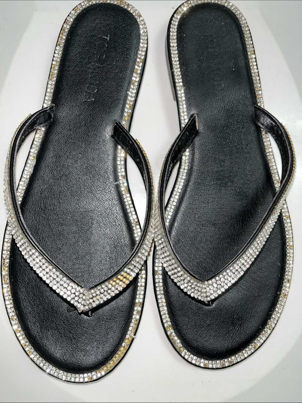 TOP Moda Black Rhinestone-Trim Flip Flop Sandals